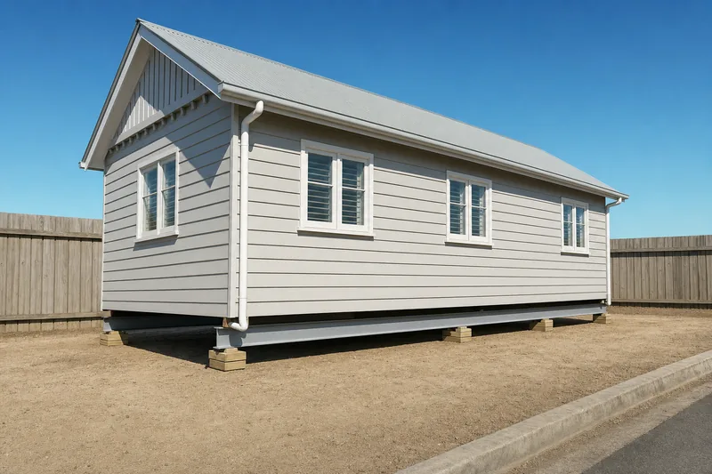 A small timber-clad cottage sitting on a steel beam and stacks of timber packing on bare cleared ground beside a timber fence and a kerb — house sliding, Gold Coast. Illustrative example.