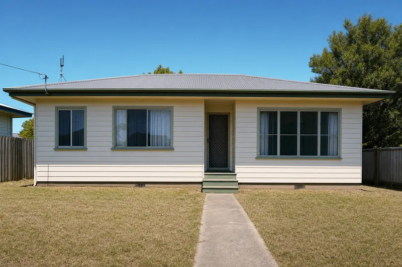 The front of a single-storey timber-clad house on a flat lawn, its floor a step above the grass with two small vent grilles at the base of the wall — house raising, Gold Coast. Illustrative example.